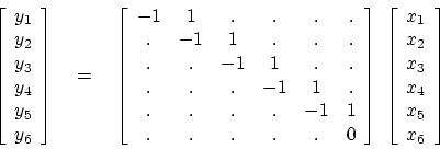 \begin{displaymath}
\left[ \begin{array}{c}
y_1 \\
y_2 \\
y_3 \\
y_4 \\
...
...x_2 \\
x_3 \\
x_4 \\
x_5 \\
x_6
\end{array} \right]
\end{displaymath}
