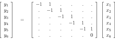 \begin{displaymath}
\left[ \begin{array}{c}
y_1 \\
y_2 \\
y_3 \\
y_4 \\
...
...x_2 \\
x_3 \\
x_4 \\
x_5 \\
x_6
\end{array} \right]
\end{displaymath}