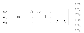 \begin{displaymath}
\left[
\begin{array}{c}
d_0 \\
d_1 \\
d_2
\end{array...
...
m_1 \\
m_2 \\
m_3 \\
m_4 \\
m_5
\end{array}\right]
\end{displaymath}