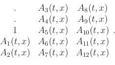 \begin{displaymath}\begin{array}{ccc} . & A_{3}(t,x) & A_{8}(t,x) \\ . & A_{4}(t...
...11}(t,x) \\ A_{2}(t,x) & A_{7}(t,x) & A_{12}(t,x) \end{array} .\end{displaymath}