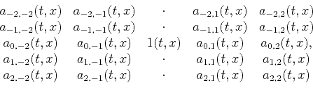 \begin{displaymath}\begin{array}{ccccc} a_{-2,-2}(t,x) & a_{-2,-1}(t,x) & \cdot ...
...a_{2,-1}(t,x) & \cdot & a_{2,1}(t,x) & a_{2,2}(t,x) \end{array}\end{displaymath}