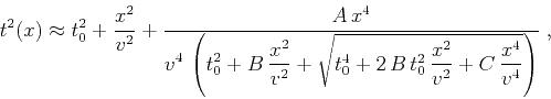 \begin{displaymath}
t^2(x) \approx t_0^2+\frac{x^2}{v^2} + \frac{A\,x^4}
{\displ...
... 2\,B\,t_0^2\,\frac{x^2}{v^2} + C\,\frac{x^4}{v^4}}\right)}\;,
\end{displaymath}