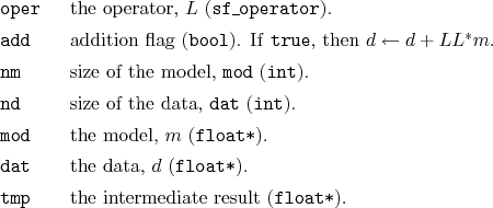 \begin{desclist}{\tt }{\quad}[\tt oper]
\setlength \itemsep{0pt}
\item[oper] ...
...{float*}).
\item[tmp] the intermediate result (\texttt{float*}).
\end{desclist}