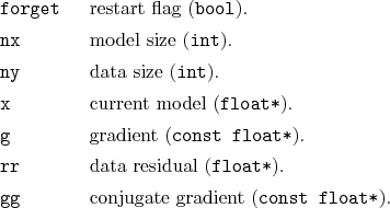 \begin{desclist}{\tt }{\quad}[\tt forget]
\setlength \itemsep{0pt}
\item[forg...
...float*}).
\item[gg] conjugate gradient (\texttt{const float*}).
\end{desclist}