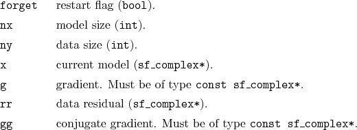 \begin{desclist}{\tt }{\quad}[\tt forget]
\setlength \itemsep{0pt}
\item[forg...
...conjugate gradient. Must be of type \texttt{const sf\_complex*}.
\end{desclist}