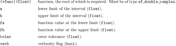 \begin{desclist}{\tt }{\quad}[\tt (*func)(float)]
\setlength \itemsep{0pt}
\i...
...ce (\texttt{float}).
\item[verb] verbosity flag (\texttt{bool}).
\end{desclist}