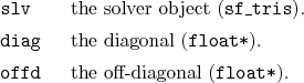 \begin{desclist}{\tt }{\quad}[\tt offd]
\setlength \itemsep{0pt}
\item[slv] t...
...texttt{float*}).
\item[offd] the off-diagonal (\texttt{float*}).
\end{desclist}