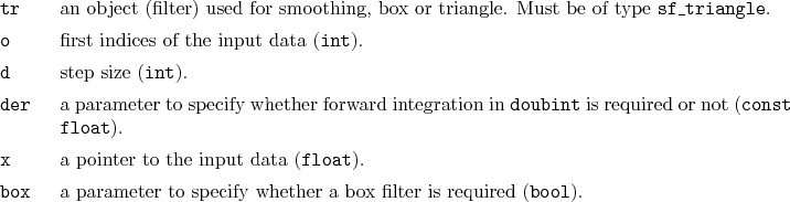 \begin{desclist}{\tt }{\quad}[\tt box]
\setlength \itemsep{0pt}
\item[tr] an ...
...eter to specify whether a box filter is required (\texttt{bool}).
\end{desclist}
