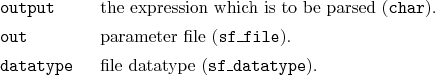 \begin{desclist}{\tt }{\quad}[\tt datatype]
\setlength \itemsep{0pt}
\item[ou...
...file}).
\item[datatype] file datatype (\texttt{sf\_datatype}).
\end{desclist}
