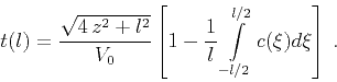 \begin{displaymath}
t(l) = { \sqrt{4 z^2 + l^2} \over V_0 } \left[ 1 - {1 \over {l}}
\int\limits_{-l/2}^{l/2} c(\xi) d\xi \right]\;.
\end{displaymath}