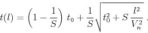 \begin{displaymath}
t(l) = \left(1 - {1 \over S}\right) t_0 +
{1 \over S} \sqrt{t_0^2 + S {l^2 \over V_n^2}}\;.
\end{displaymath}