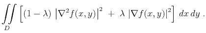 $\displaystyle \iint\limits_{D} \left[(1-\lambda)\,\left\vert\nabla^2 f(x,y)\right\vert^2 \;+\; \lambda\,\left\vert\nabla f(x,y)\right\vert^2\right]\,dx\,dy\;.$