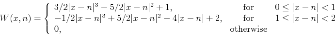 \begin{displaymath}
W (x, n) = \left\{\begin{array}{lcr}
3/2 \vert x-n\vert^3 -...
...rt x-n\vert < 2 \\
0, & \mbox{otherwise} &
\end{array}\right.
\end{displaymath}