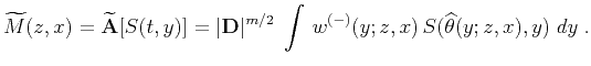$\displaystyle \widetilde{M}(z,x)={\bf\widetilde{A}}[S(t,y)]= \vert{\bf D}\vert^{m/2}\;\int w^{(-)}(y;z,x) S(\widehat{\theta}(y;z,x),y)\;dy\;.$