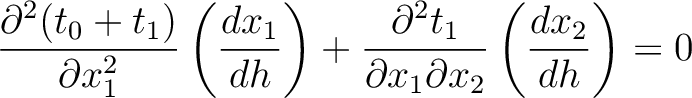 $\displaystyle \frac{\partial^2 (t_0 + t_1)}{\partial x_1^2} \left( \frac{d x_1}...
...{\partial^2 t_1}{\partial x_1 \partial x_2} \left( \frac{d x_2}{d h}\right) = 0$