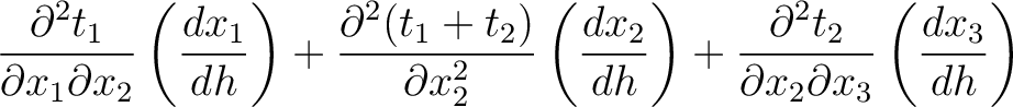 $\displaystyle \frac{\partial^2 t_{1}}{\partial x_{1} \partial x_2} \left( \frac...
...c{\partial^2 t_2}{\partial x_2 \partial x_{3}}\left( \frac{d x_{3}}{d h}\right)$