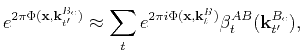 $\displaystyle e^{2\pi \Phi(\mathbf{x},\mathbf{k}_{t'}^{B_c})}\approx\sum_t e^{2\pi i \Phi(\mathbf{x},\mathbf{k}_t^B)}\beta_t^{AB}(\mathbf{k}_{t'}^{B_c}),$