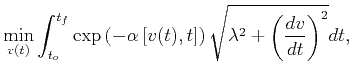 $\displaystyle \min_{v(t)} \int_{t_{o}}^{t_f} \exp \left(- \alpha \left[v(t),t \right] \right)\sqrt{\lambda^2 + \left( \frac{dv}{dt} \right)^2}dt,$