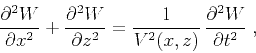 \begin{displaymath}
\frac{\partial^2 W}{\partial x^2} + \frac{\partial^2 W}{\par...
...^2} = \frac{1}{V^2(x,z)}\,\frac{\partial^2 W}{\partial t^2}\;,
\end{displaymath}
