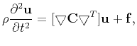 $\displaystyle \rho\frac{\partial^2\mathbf{u}}{\partial t^2} = [{\bigtriangledown}{\mathbf{C}{\bigtriangledown}^{T}}]\mathbf{u} + \mathbf{f},$